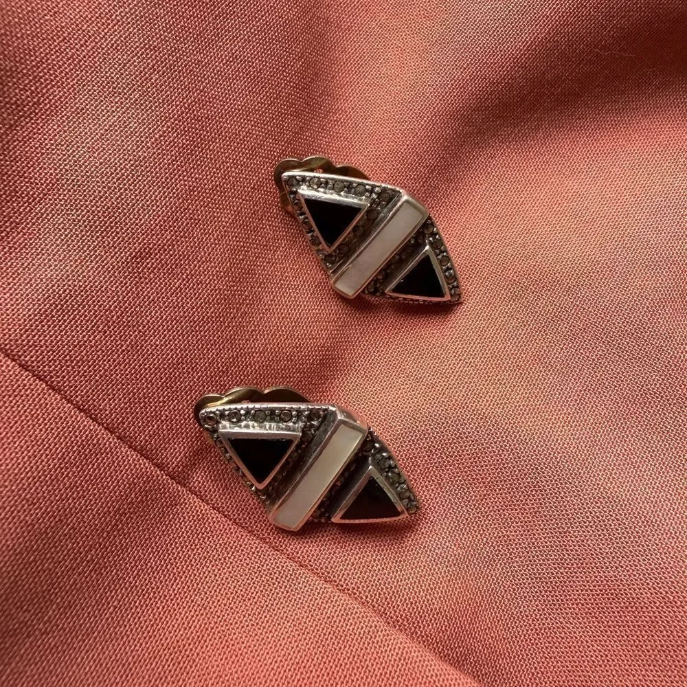 Vintage Art Deco Sterling silver Onyx Mother of Pearl and Marcasite Clip-on Earr